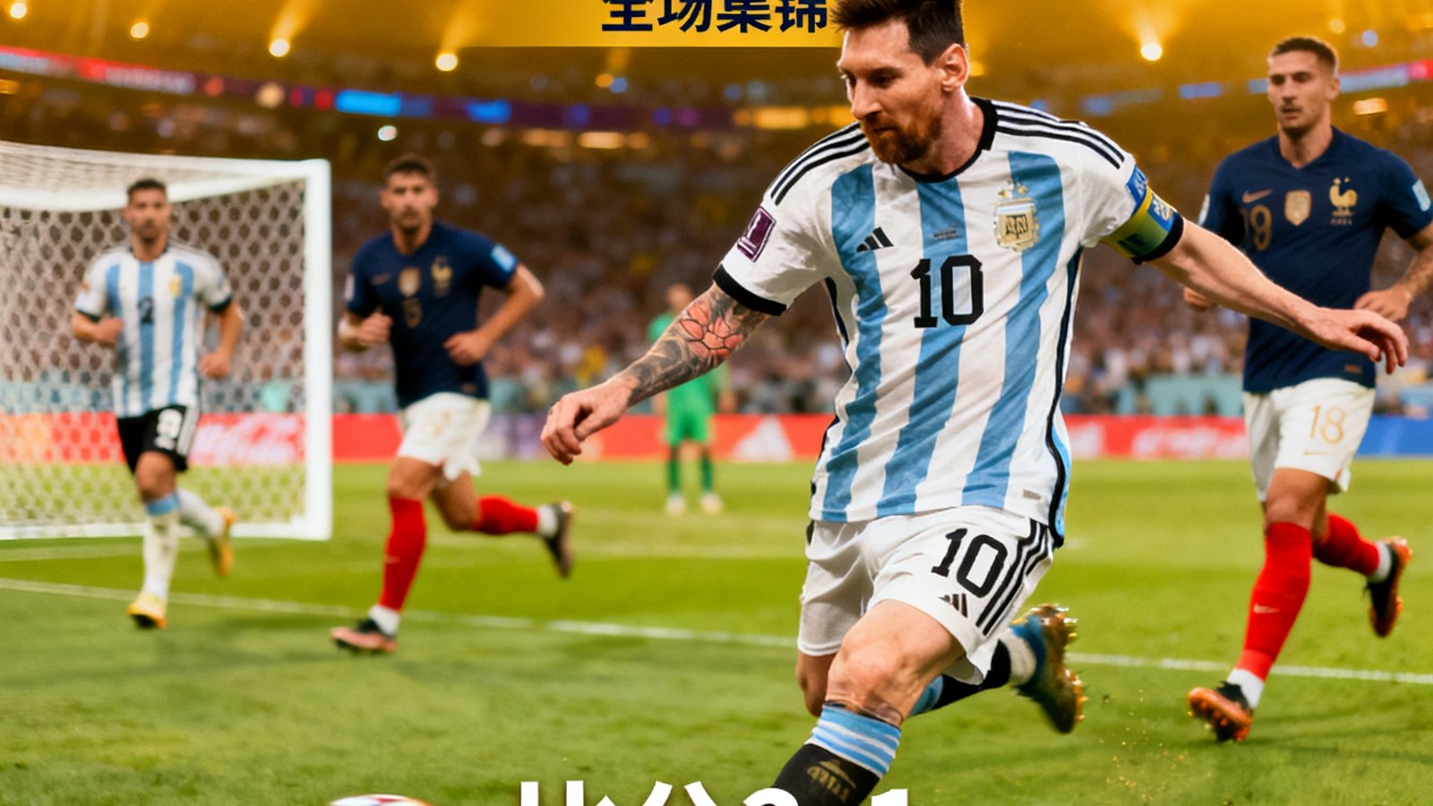 阿根廷vs法国全场集锦封面，梅西破门瞬间，比分2-1，时长3分20秒